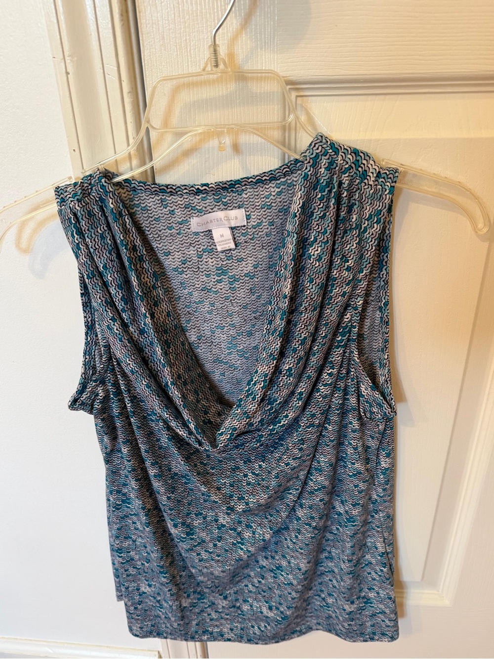 Charter Club Teal Patterned Sleeveless Draped V-Neck Top Medium